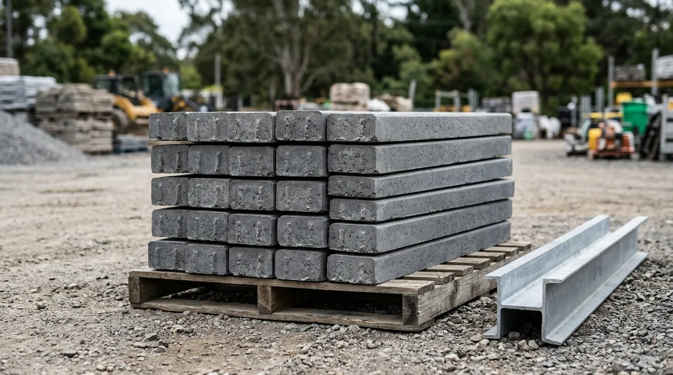 Stacked concrete sleepers and a galvanised steel post ready for a retaining wall
