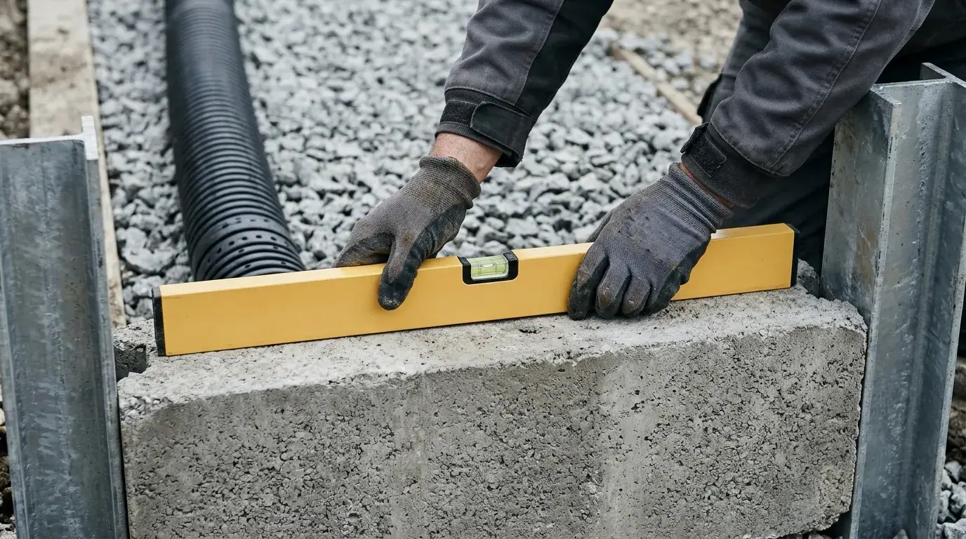 Levelling a concrete sleeper retaining wall between galvanised steel posts with gravel drainage behind