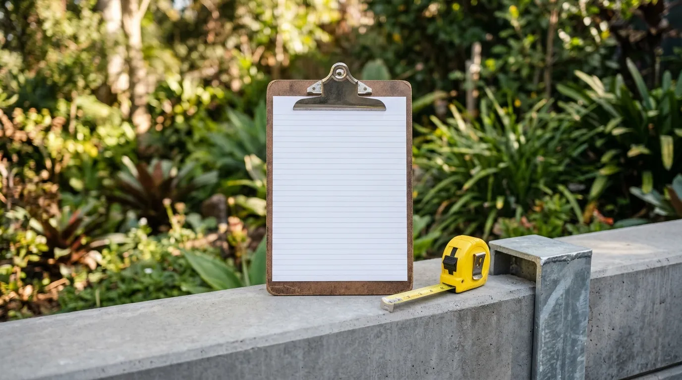 Itemised retaining wall quote and tape measure on a concrete sleeper wall